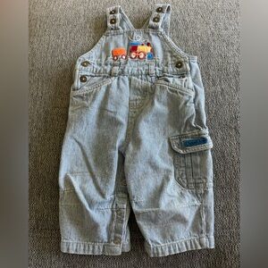 baby ur it vintage train denim overalls, choo choo and train appliqués, 12months